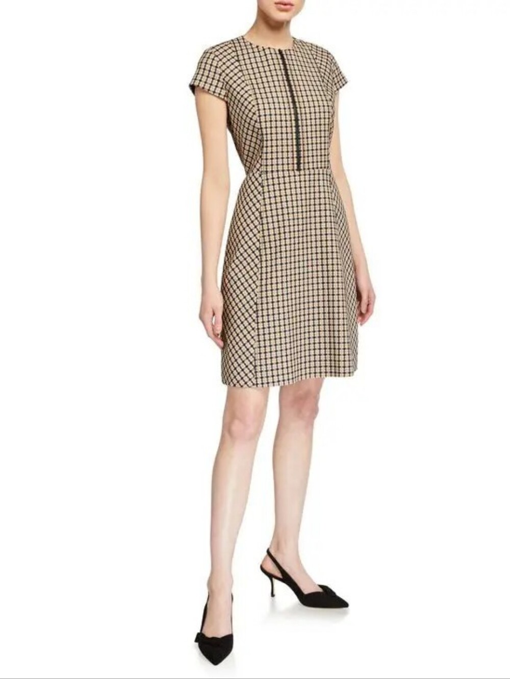 Elie Tahari Louisa Zipper Front Beige and Black Check Cap-Sleeve Dress - Size 2